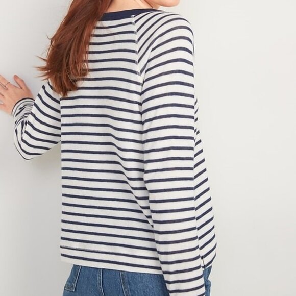 Old Navy Stripe Loose Split Neck Top Jersey Knit Raglan Sleeve Navy Blue Size XL - Picture 2 of 6